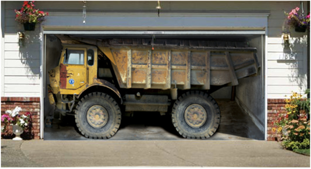 A dump truck garage door decal.